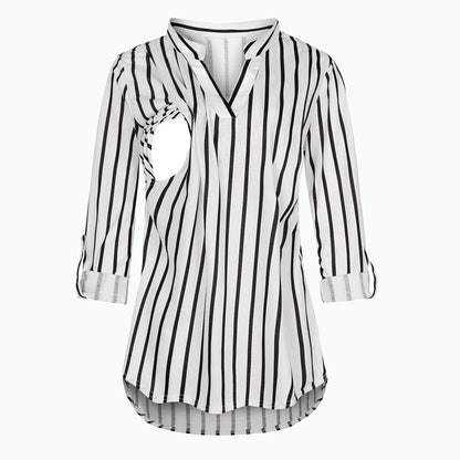 Women Maternity Breastfeeding T-shirt V-Neck Blouses Shirts Long Sleeve Striped Nursing Tops Clothes for Pregnant Women