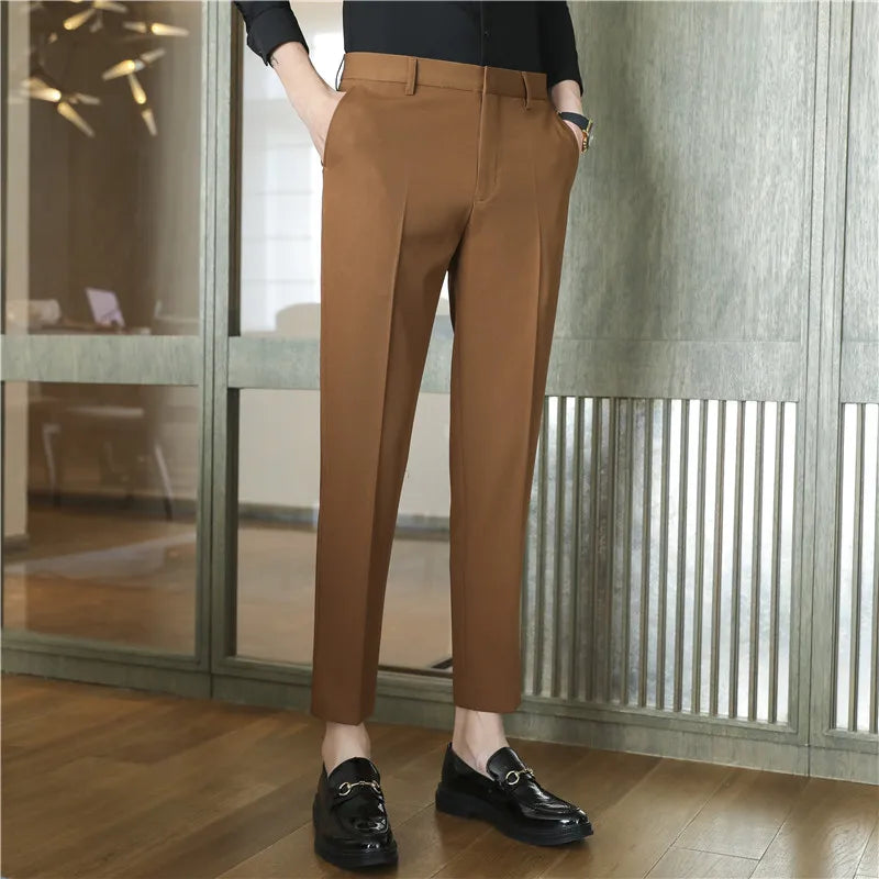 Men's Summer Slim Fit Solid Color Casual Pants Formal Office Business Wedding Social Suit Pants 9 Colors Ankle Long Trousers