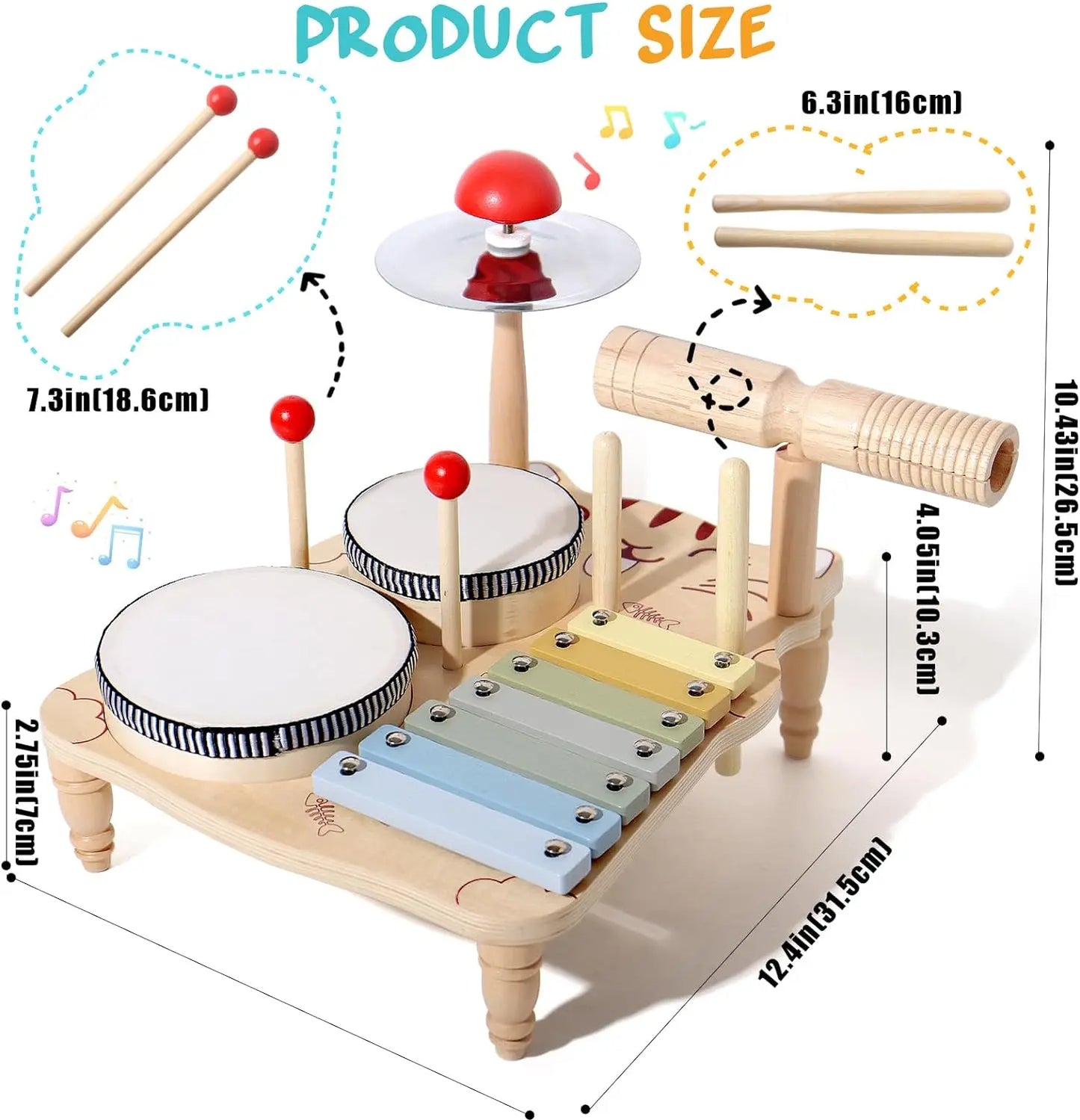 Wooden Xylophone Drum Set For Toddlers,Montessori Baby Musical Instruments Toys, Drum Set Percussion Instruments Musical Toys