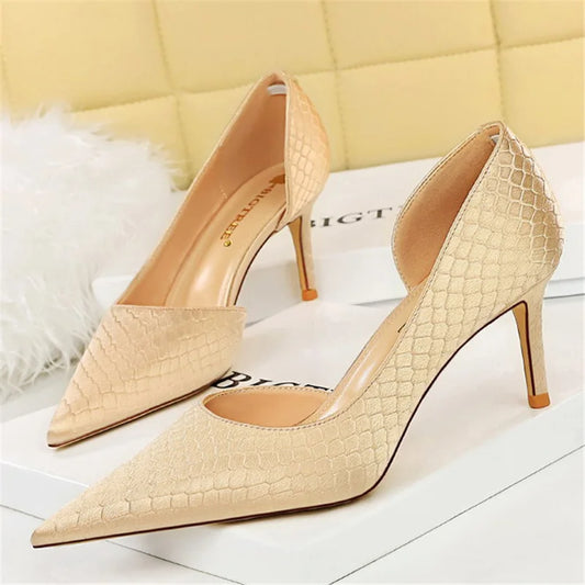 Women 7.5cm 10.5cm High Heels Elegant Pumps Lady Plus Size Silk Satin Green Silver Wedding Stiletto Low Heels Fetish Party Shoes