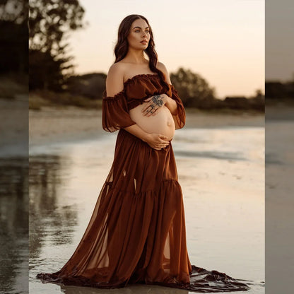 Maternity Dress For Photoshoot Pregnancy Off Shoulder Ruffled Semi Transparent Chiffon Long Dress Photography Dress For Women