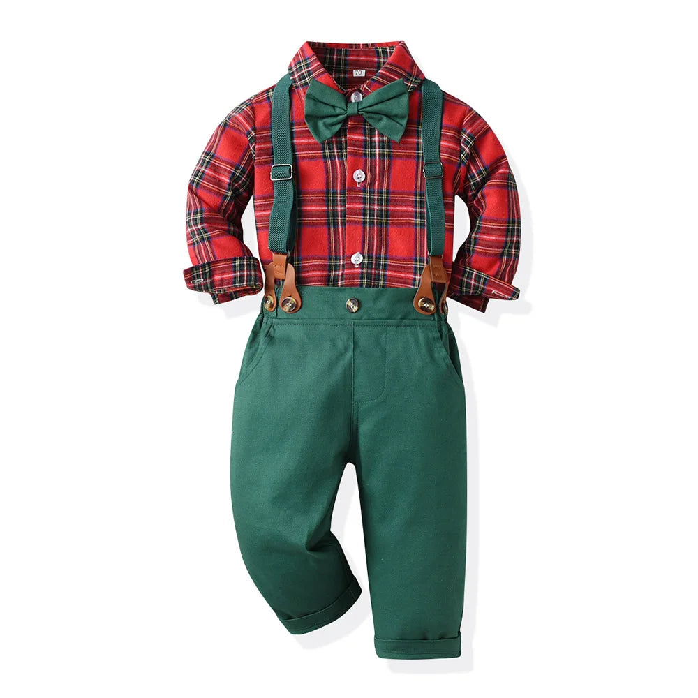 1-9 Years Boy Christmas Costume Children Kid Outfit Birthday Baby Boy Clothes Green&Red Plaid Infant Long Sleeve Festival