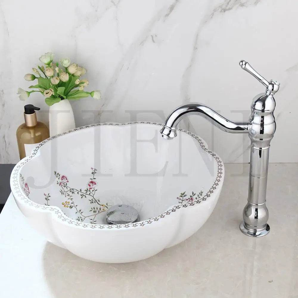 JIENI Art Ceramic Basin Set Spring Blossoms Design Washbasin Bathroom Sink Set Antique Brass Water Mixer Tap Faucet W/ Pop Drain