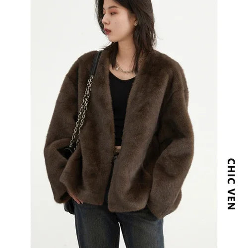 CHIC VEN Women's Jacket Loose Casual Solid Overcoat New Female Plush Coat V-neck Woman Outerwear Autumn Winter 2023