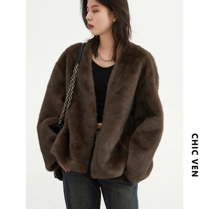 CHIC VEN Women's Jacket Loose Casual Solid Overcoat New Female Plush Coat V-neck Woman Outerwear Autumn Winter 2023