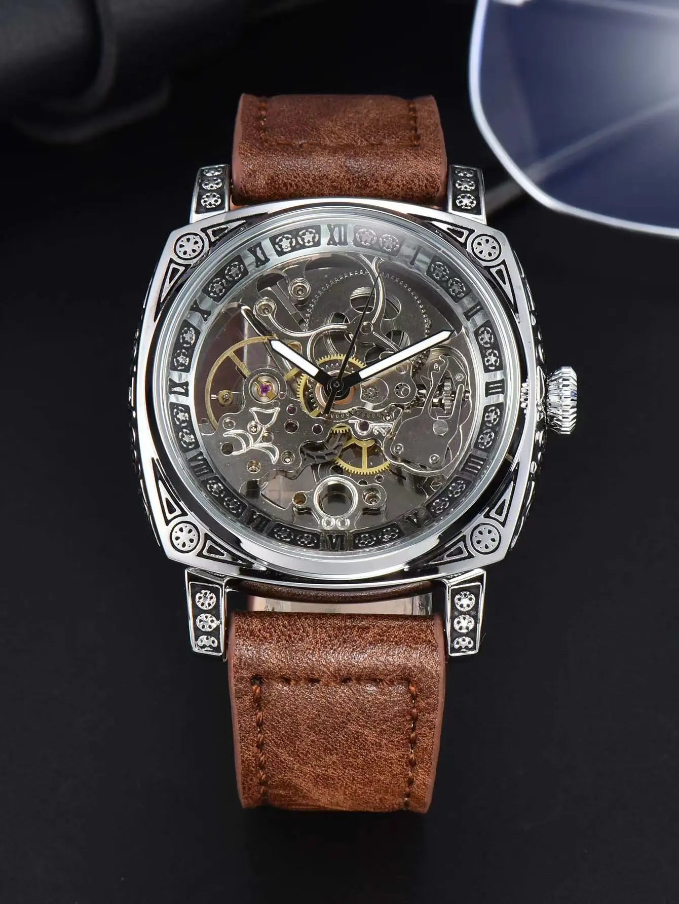 LONGLUX automatic watch retro style mechanical wristwatches skeleton carve waterproof leather mens watch