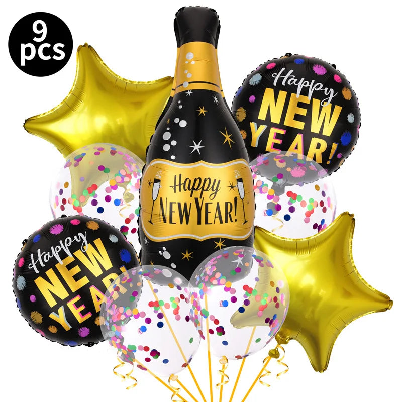 1set Happy New Year Wine Bottle Foil Balloons confetti balloons Christmas Happy New Year Party Decoration 2025 New Year balloons