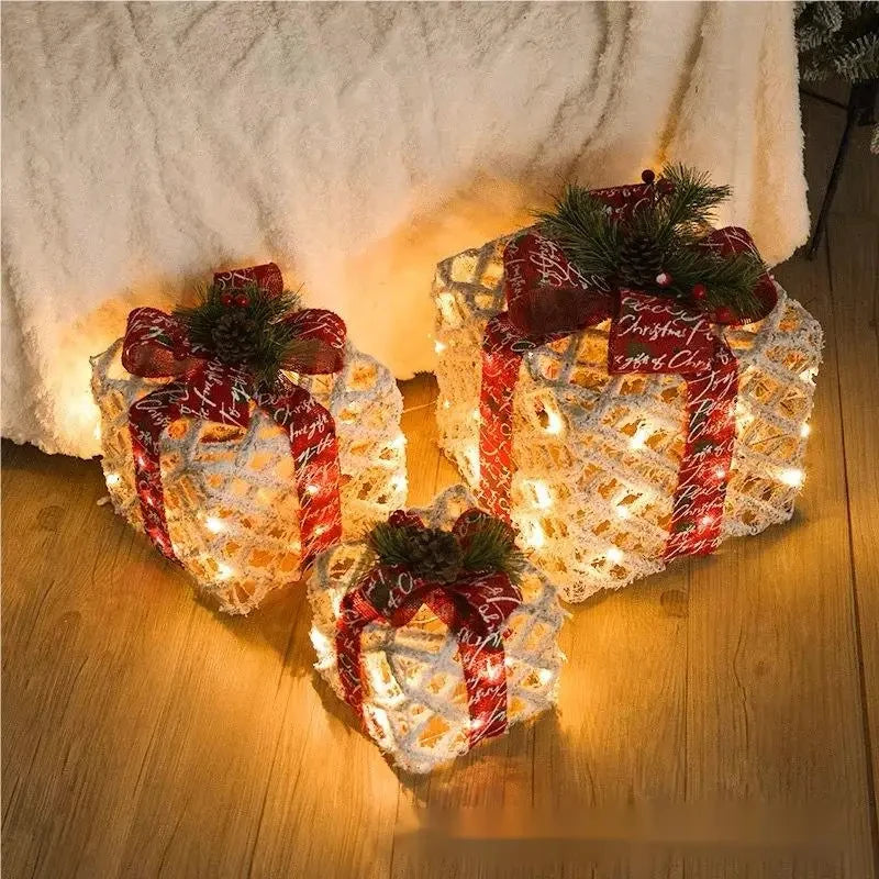 3/4pcs Set Hollowed Out Christmas Decoration Led Gift Box with Bow Lights Iron Box Art Home Outdoor Mall Gift Home Party Supplie