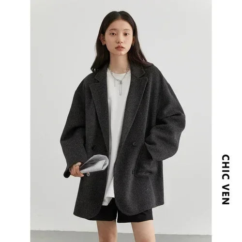 CHIC VEN Women's Woolen Coats Loose Casual Double Breasted Retro Double-sided Jacket Office Lady Outerwear Autumn Winter 2023