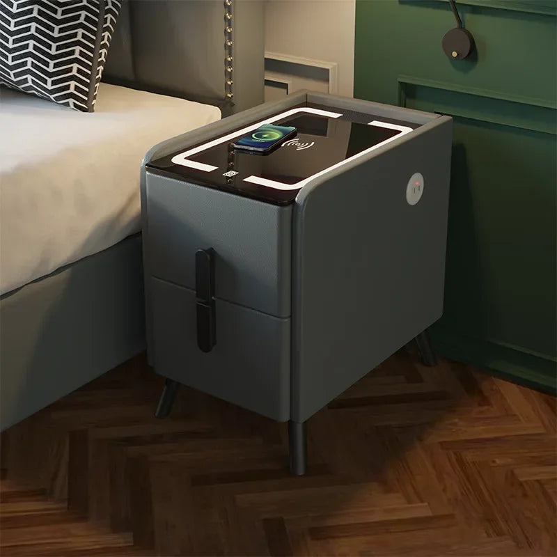 Smart Bedside Table with Wireless Charger Narrow Smart LED Nightstands Bedside Cabinet Fingerprint Lock Solid Wood Bedside Table