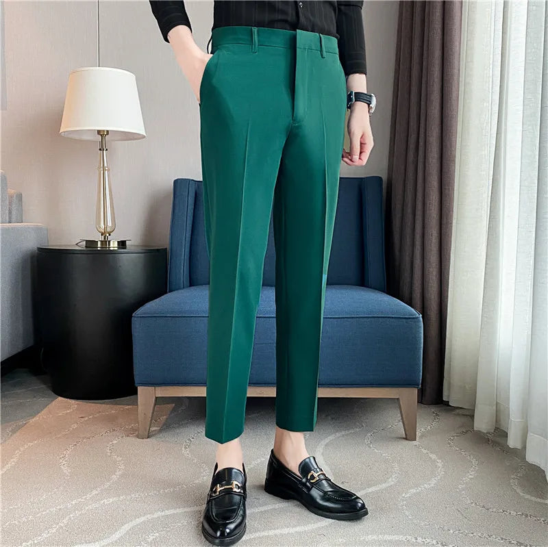 Men's Summer Slim Fit Solid Color Casual Pants Formal Office Business Wedding Social Suit Pants 9 Colors Ankle Long Trousers