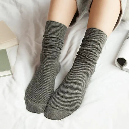 CHAOZHU Japanese Korean High School Girls High Socks Loose Solid Colors Double Needles Knitting Cotton Long Socks For Women