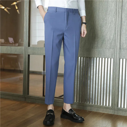 Men's Summer Slim Fit Solid Color Casual Pants Formal Office Business Wedding Social Suit Pants 9 Colors Ankle Long Trousers