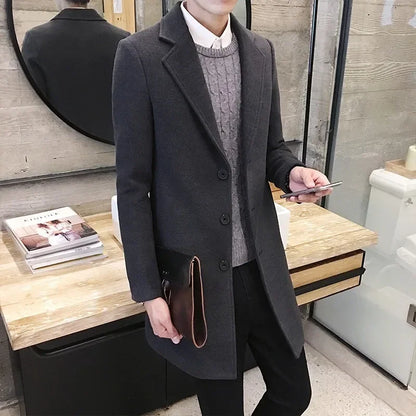 Men Long Cotton Coat 2023 Autumn Winter New Wool Blend Pure Color Casual Business Fashion Slim Windbreaker Jacket Men Clothing