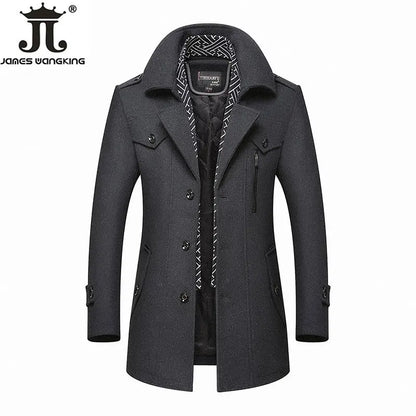 New Men Wool Blends Coats Autumn Winter Solid Color Cold Resistant Men Woolen Overcoat Double Collar Casual Trench Coat Male