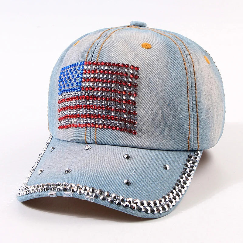 Adjustable Size 4th July Dad Hat USA American Flag Patriotic Baseball Cap Denim Distressed Rhinestone Bling Sparkle Hip Hop Hat