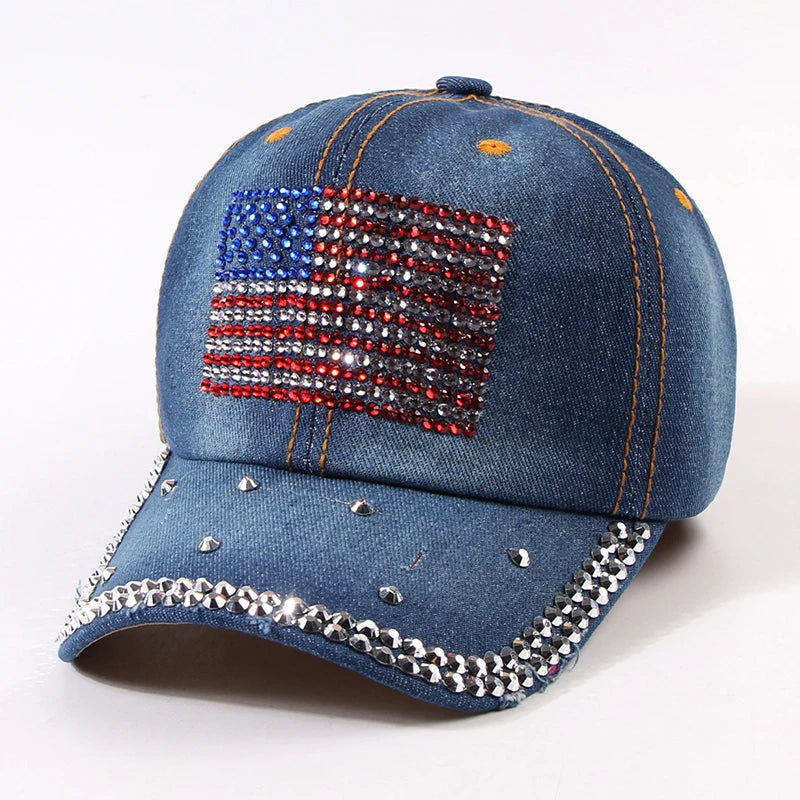 Adjustable Size 4th July Dad Hat USA American Flag Patriotic Baseball Cap Denim Distressed Rhinestone Bling Sparkle Hip Hop Hat