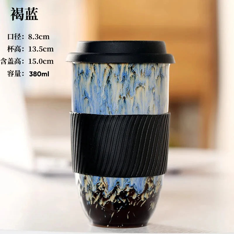 Large Ceramic Kiln Change Mug Cup With Lid Portable Couple Pottery Coffee Cups Water Mug Porcelain Milk Tea Mugs Gift