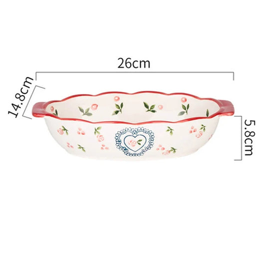 Flowers Rectangular Oval Bakeware Pan With Handle Ceramic Baking Dish Roasting Lasagna Pan Kitchen Salad Cheese Baked Pan