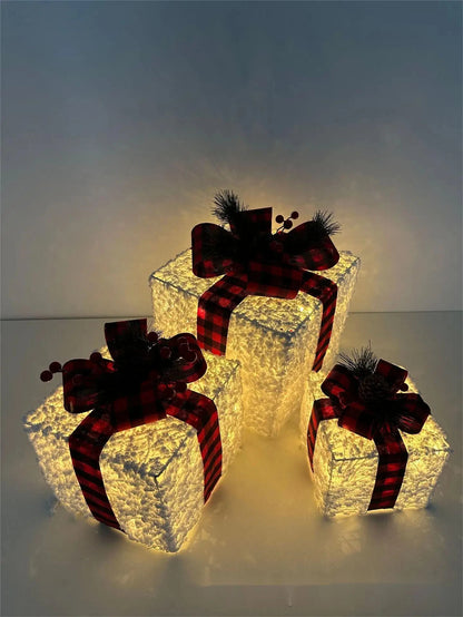 3/4pcs Set Hollowed Out Christmas Decoration Led Gift Box with Bow Lights Iron Box Art Home Outdoor Mall Gift Home Party Supplie