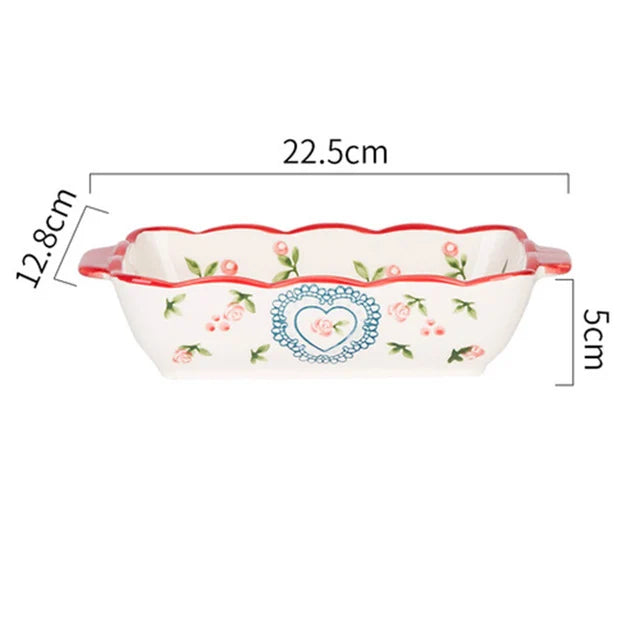 Flowers Rectangular Oval Bakeware Pan With Handle Ceramic Baking Dish Roasting Lasagna Pan Kitchen Salad Cheese Baked Pan