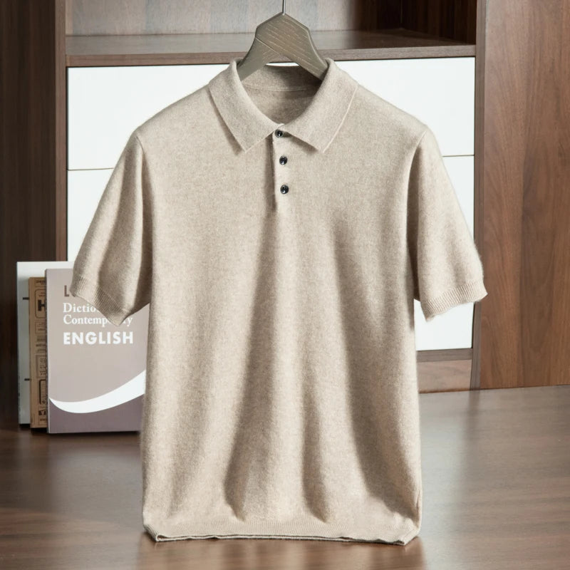 High End Men's 100% Cashmere T-shirt POLO Collar Pullover Shirt Casual Business Knitted Short Sleeved Summer Half Sleeved Top