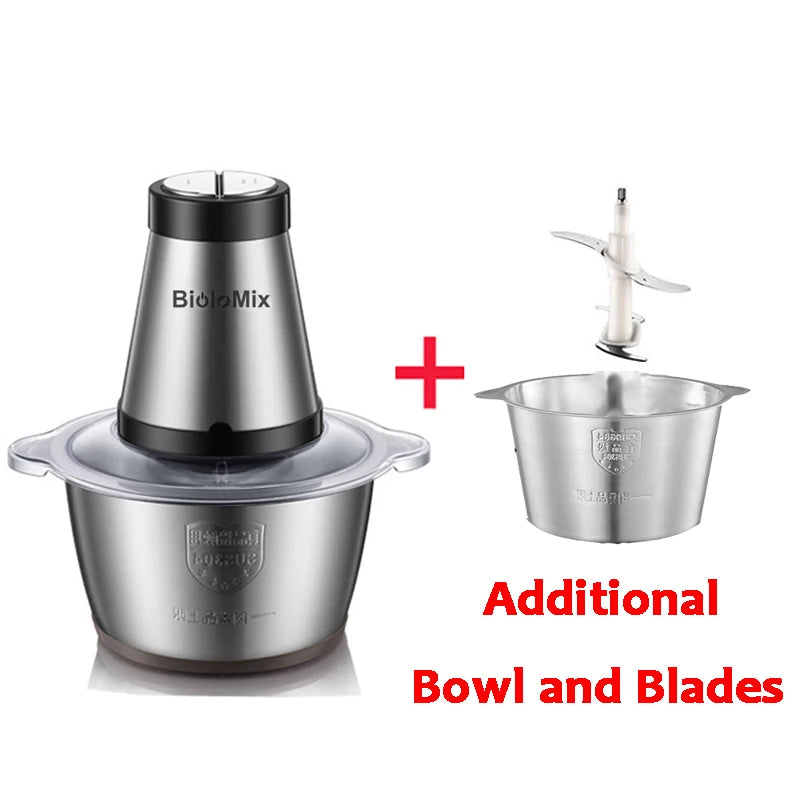 BioloMix 2 Speeds 500W Stainless Steel 2L Capacity Electric Chopper Meat Grinder Mincer Food Processor Slicer