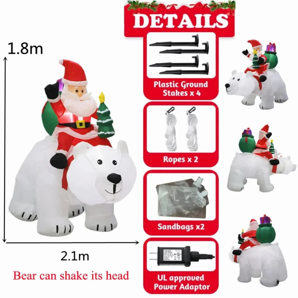 2.1M Christmas Inflatable Santa Claus Riding Polar Bear with LED Inflatable Toy Indoor Outdoor Garden Ornament Xmas Decoration