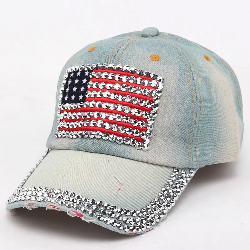 Adjustable Size 4th July Dad Hat USA American Flag Patriotic Baseball Cap Denim Distressed Rhinestone Bling Sparkle Hip Hop Hat