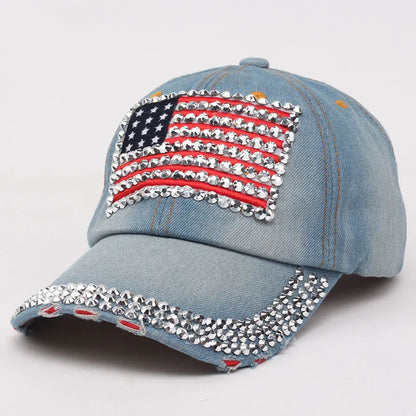 Adjustable Size 4th July Dad Hat USA American Flag Patriotic Baseball Cap Denim Distressed Rhinestone Bling Sparkle Hip Hop Hat