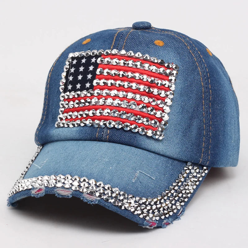 Adjustable Size 4th July Dad Hat USA American Flag Patriotic Baseball Cap Denim Distressed Rhinestone Bling Sparkle Hip Hop Hat