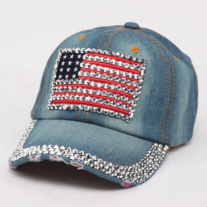 Adjustable Size 4th July Dad Hat USA American Flag Patriotic Baseball Cap Denim Distressed Rhinestone Bling Sparkle Hip Hop Hat