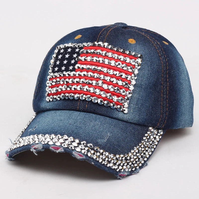 Adjustable Size 4th July Dad Hat USA American Flag Patriotic Baseball Cap Denim Distressed Rhinestone Bling Sparkle Hip Hop Hat