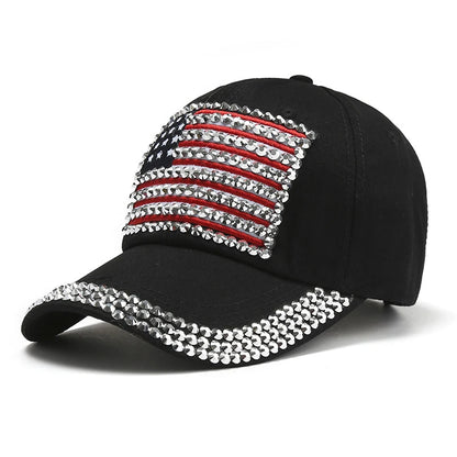 Adjustable Size 4th July Dad Hat USA American Flag Patriotic Baseball Cap Denim Distressed Rhinestone Bling Sparkle Hip Hop Hat