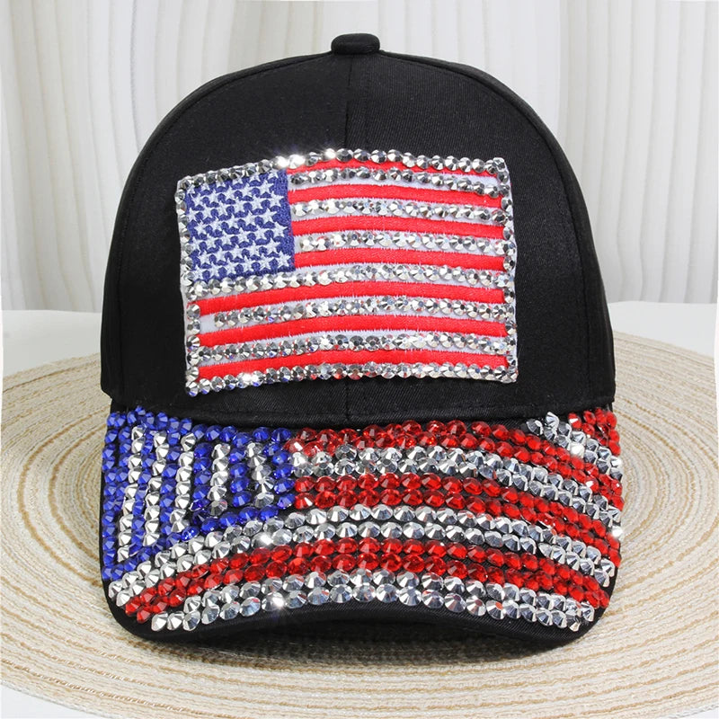 Adjustable Size 4th July Dad Hat USA American Flag Patriotic Baseball Cap Denim Distressed Rhinestone Bling Sparkle Hip Hop Hat