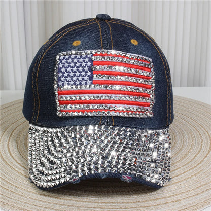 Adjustable Size 4th July Dad Hat USA American Flag Patriotic Baseball Cap Denim Distressed Rhinestone Bling Sparkle Hip Hop Hat