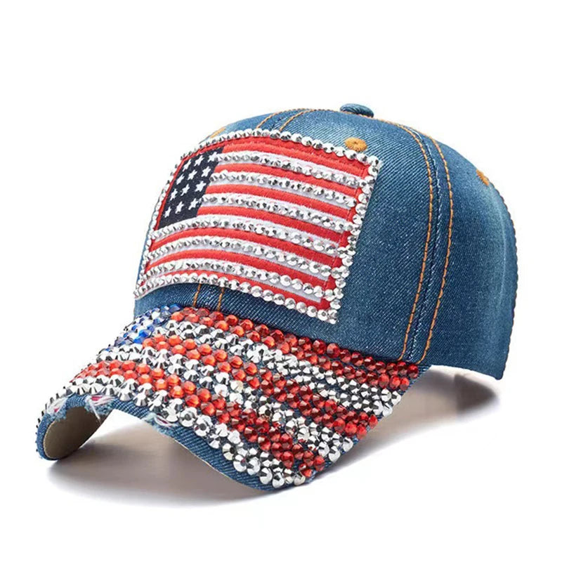 Adjustable Size 4th July Dad Hat USA American Flag Patriotic Baseball Cap Denim Distressed Rhinestone Bling Sparkle Hip Hop Hat