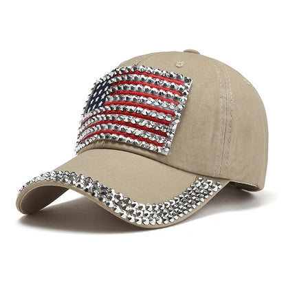 Adjustable Size 4th July Dad Hat USA American Flag Patriotic Baseball Cap Denim Distressed Rhinestone Bling Sparkle Hip Hop Hat