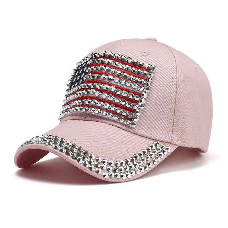 Adjustable Size 4th July Dad Hat USA American Flag Patriotic Baseball Cap Denim Distressed Rhinestone Bling Sparkle Hip Hop Hat