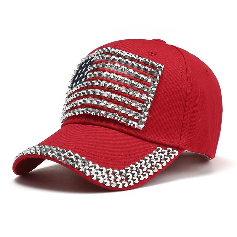 Adjustable Size 4th July Dad Hat USA American Flag Patriotic Baseball Cap Denim Distressed Rhinestone Bling Sparkle Hip Hop Hat