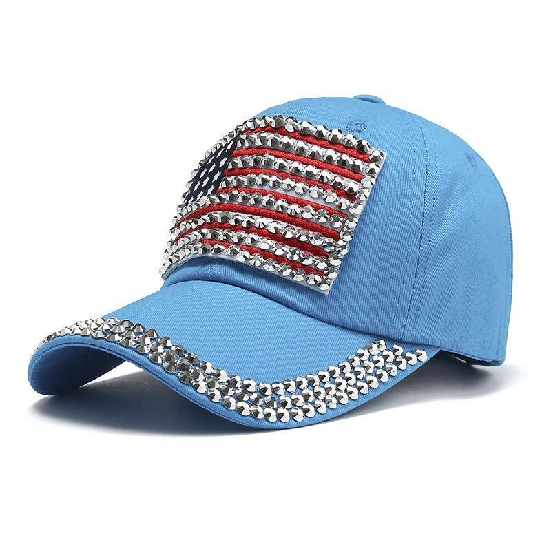 Adjustable Size 4th July Dad Hat USA American Flag Patriotic Baseball Cap Denim Distressed Rhinestone Bling Sparkle Hip Hop Hat