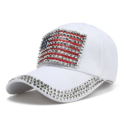 Adjustable Size 4th July Dad Hat USA American Flag Patriotic Baseball Cap Denim Distressed Rhinestone Bling Sparkle Hip Hop Hat