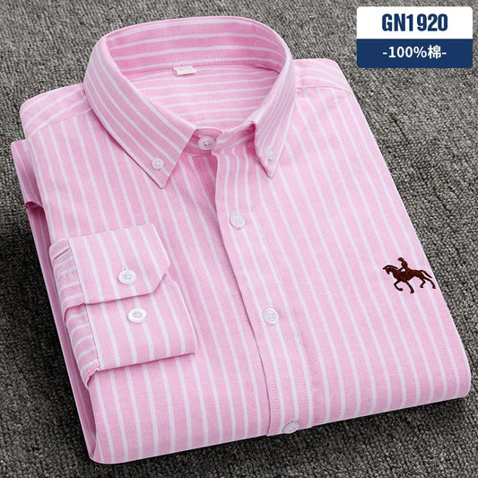 New Plus Size 6XL 100% Cotton Oxford Solid Color Striped Plaid Shirt Men's Long Sleeve Business Embroidered Formal Soft Shirt