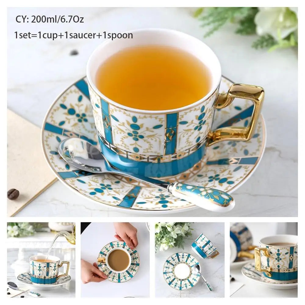 Europe Bone China Coffee Cup Saucer Spoon Set 200ml Luxury Ceramic Mug Top-grade Porcelain Tea Cup Cafe Teaware Party Drinkware