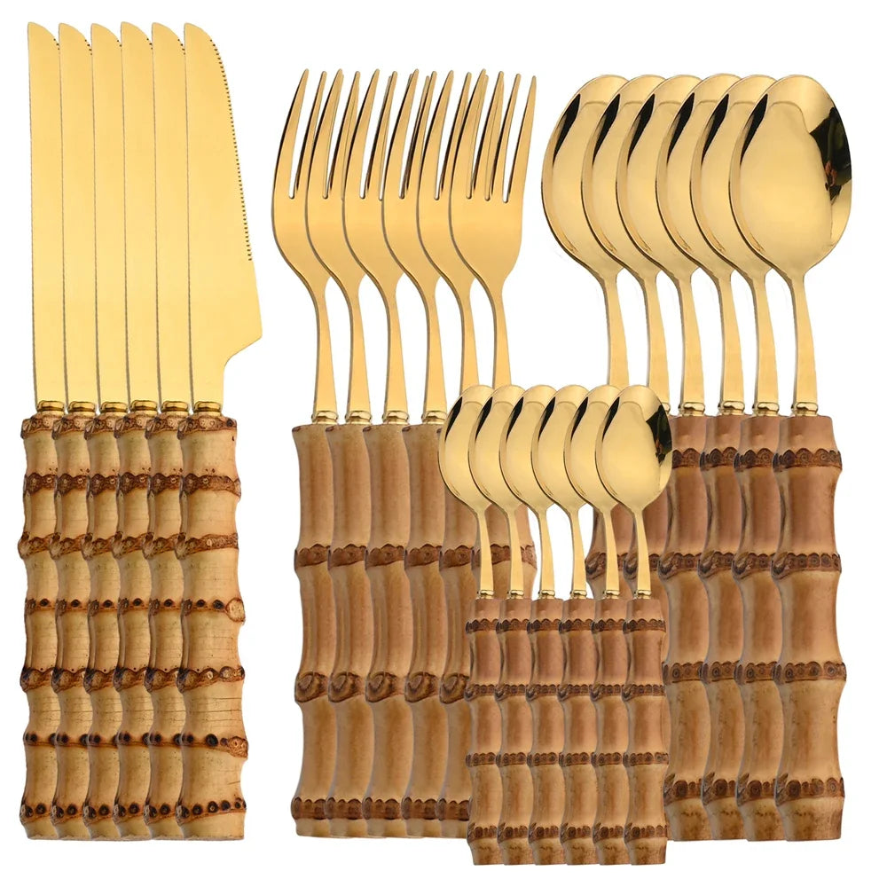 24Pcs Bamboo Tableware Sets Stainless Steel Bamboo Cutlery Set Purely Natural Handle Flatware Set Dinnerware Steak Knife Cutlery