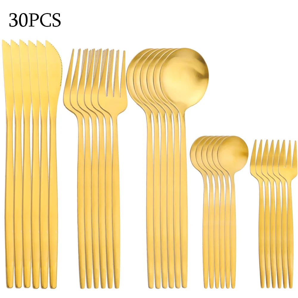 30Pcs Black Gold Dinnerware Set Stainless Steel Dinner Knife Fruit Fork Spoon Cutlery Set Kitchen Tableware Silverware Sets