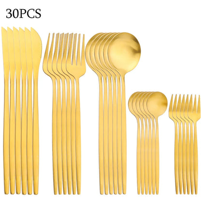 30Pcs Black Gold Dinnerware Set Stainless Steel Dinner Knife Fruit Fork Spoon Cutlery Set Kitchen Tableware Silverware Sets