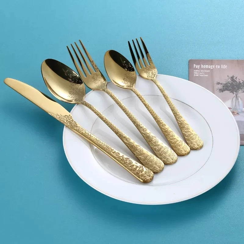 High Quality Cutlery Set Handle Exquisite carving Stainless Steel Golden Tableware Knife Fork Spoon Flatware Set Silverware Set