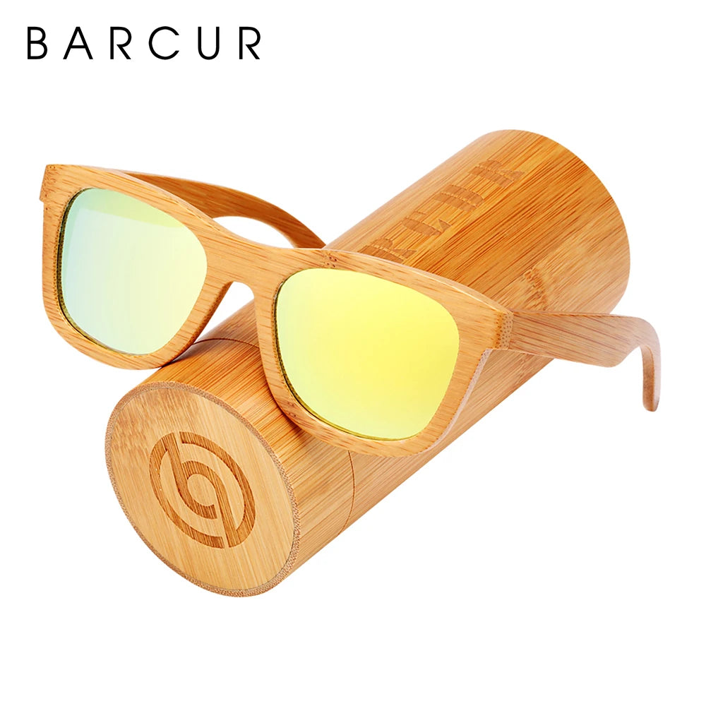 BARCUR Retro Square Men Sun Glasses Women Polarized Sunglasses Natural Bamboo Handmade Wood Sunglasses Beach Wooden UV400