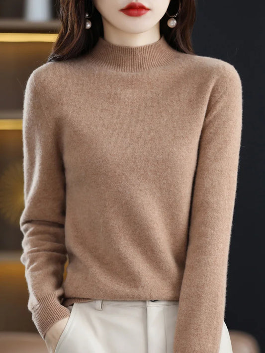 Autumn Winter New Women's 100% Wool Sweater Cashmere Half-high Collar Pullover Wild Pure Color Casual Fashion Long Sleeve Tops